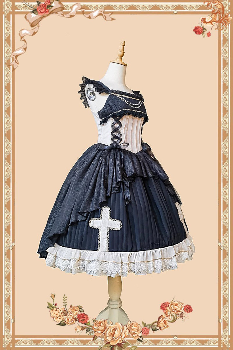 Black Eternal Life Song Print Cross Embroidery Sleeveless Ruffle Gothic Lolita Dress