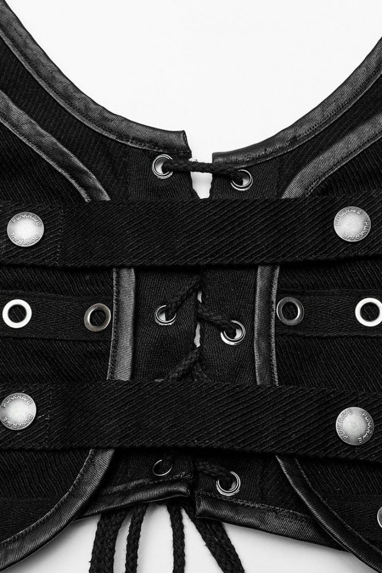 Schwarze verstellbare Steampunk-Weste für Damen mit Schlangenschnalle aus Metall