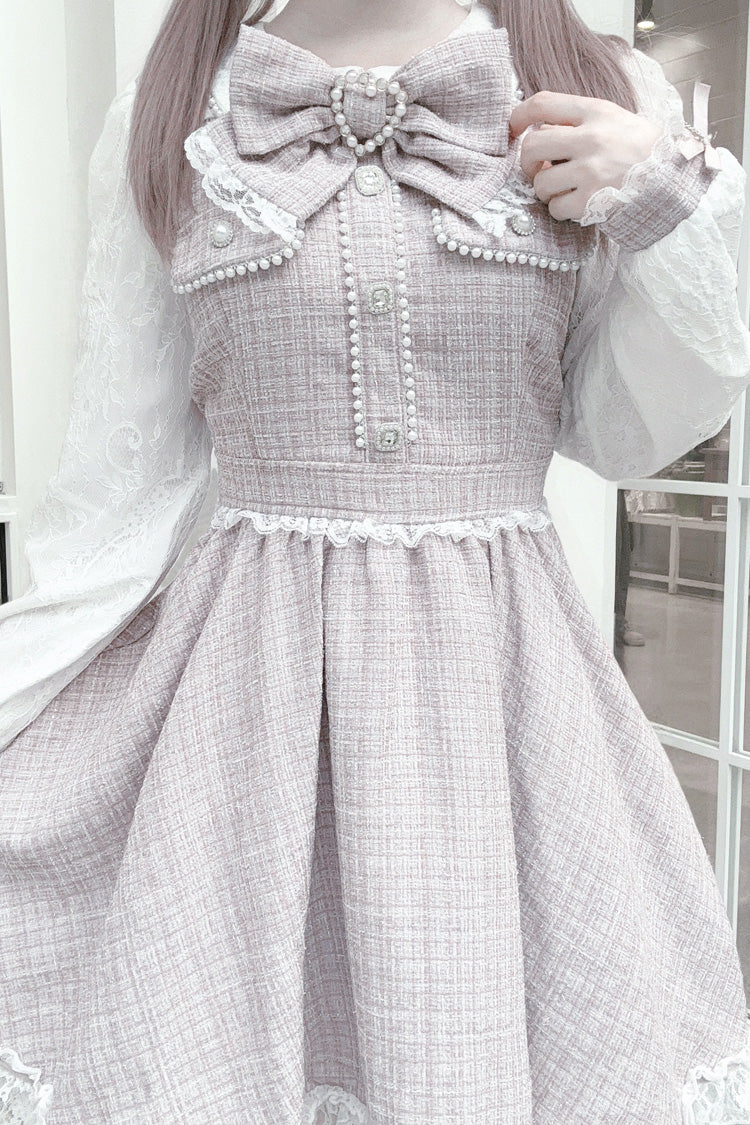Grey/Pink Long Sleeves Bowknot Lace Pearl Sweet Jirai Kei Dress