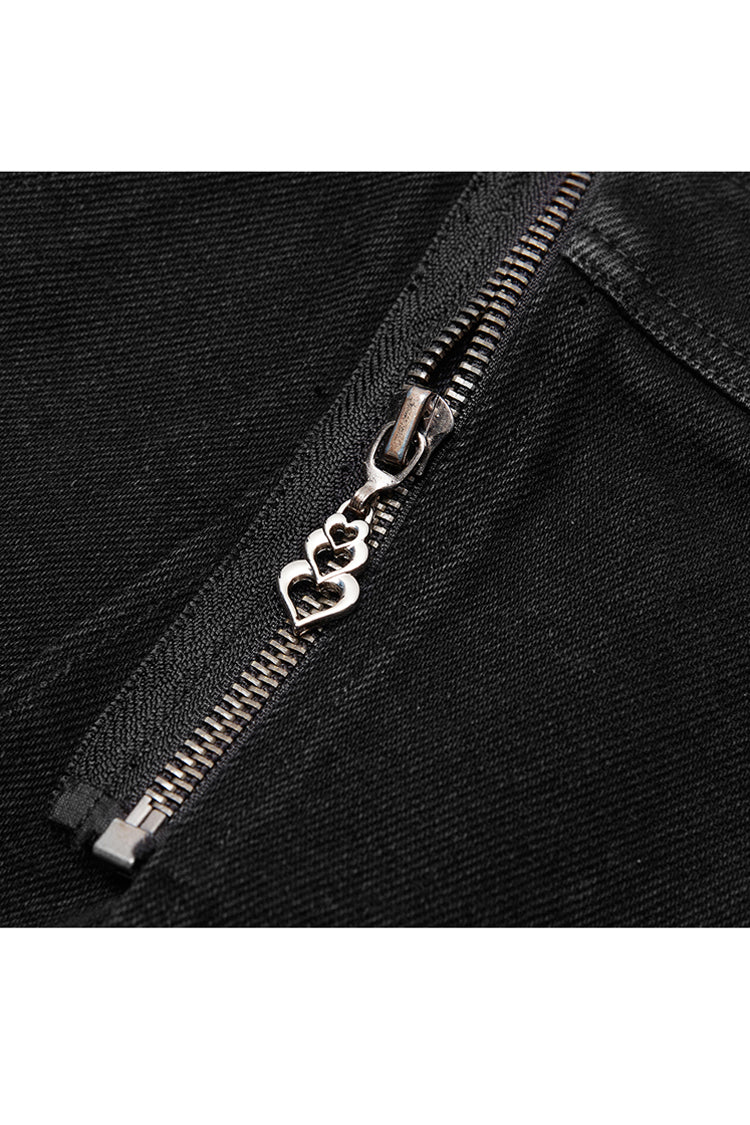 Schwarzer Metallreißverschluss, hohe Taille, unregelmäßiger Saum, Punk-A-Linien-Shorts für Damen