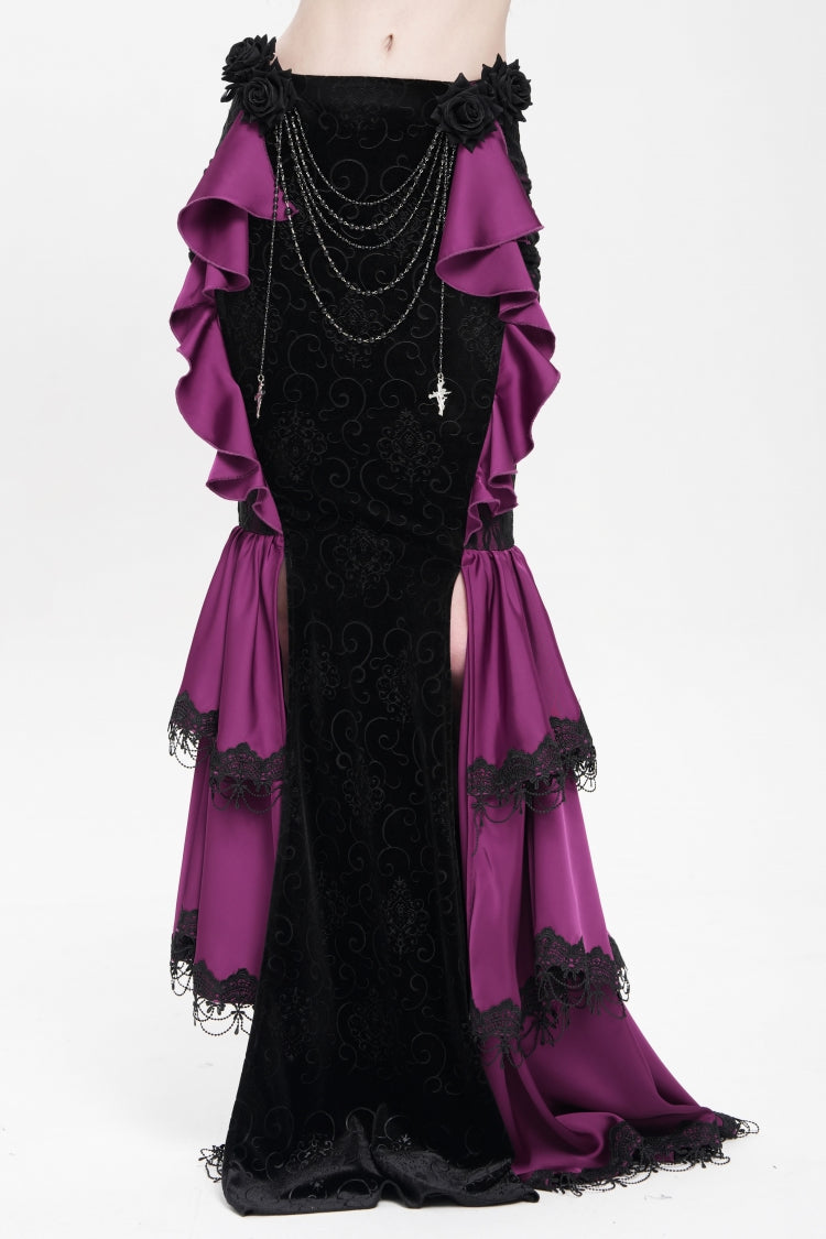 Purple Floral Print Lace-Up Rose Chain Women's Gothic Fishtail Skirt
