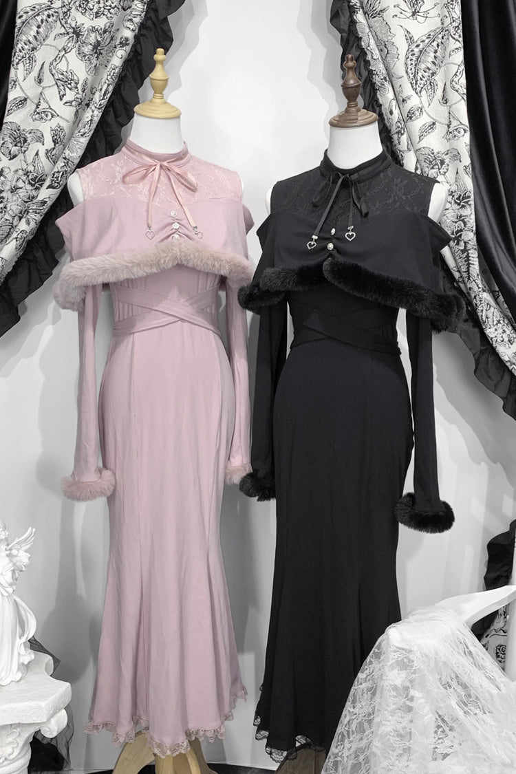 ジライケイ スタンドカラー オフショルダー 長袖 刺繍レース 甘い和フィッシュテールドレス 2色