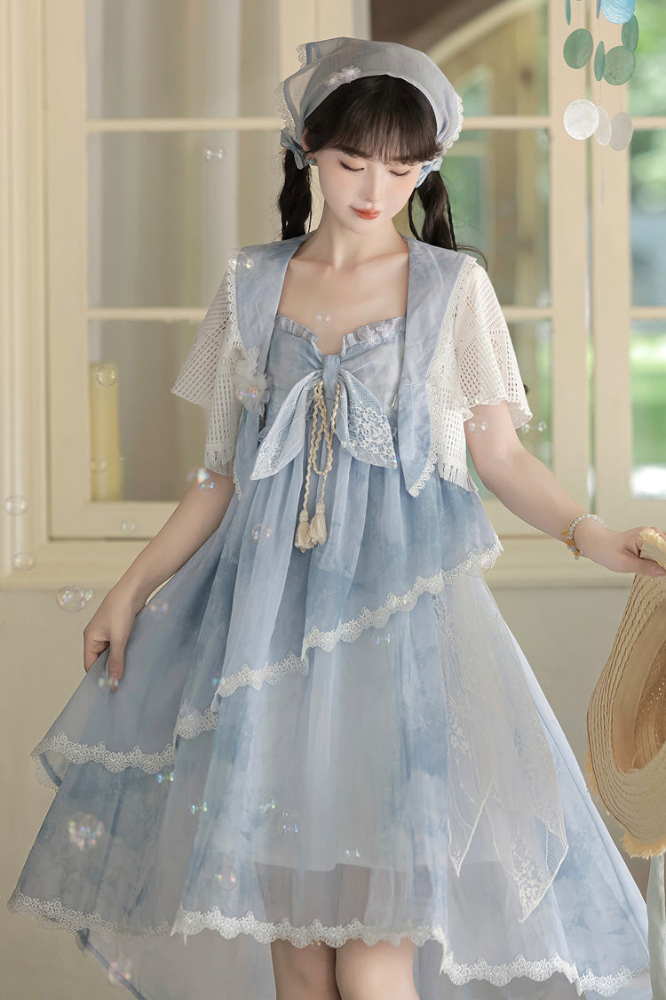 Blue [Clouds Resting in the Wilderness] Print Ruffle Embroidery Bowknot Lace Irregular Lolita Jsk Dress