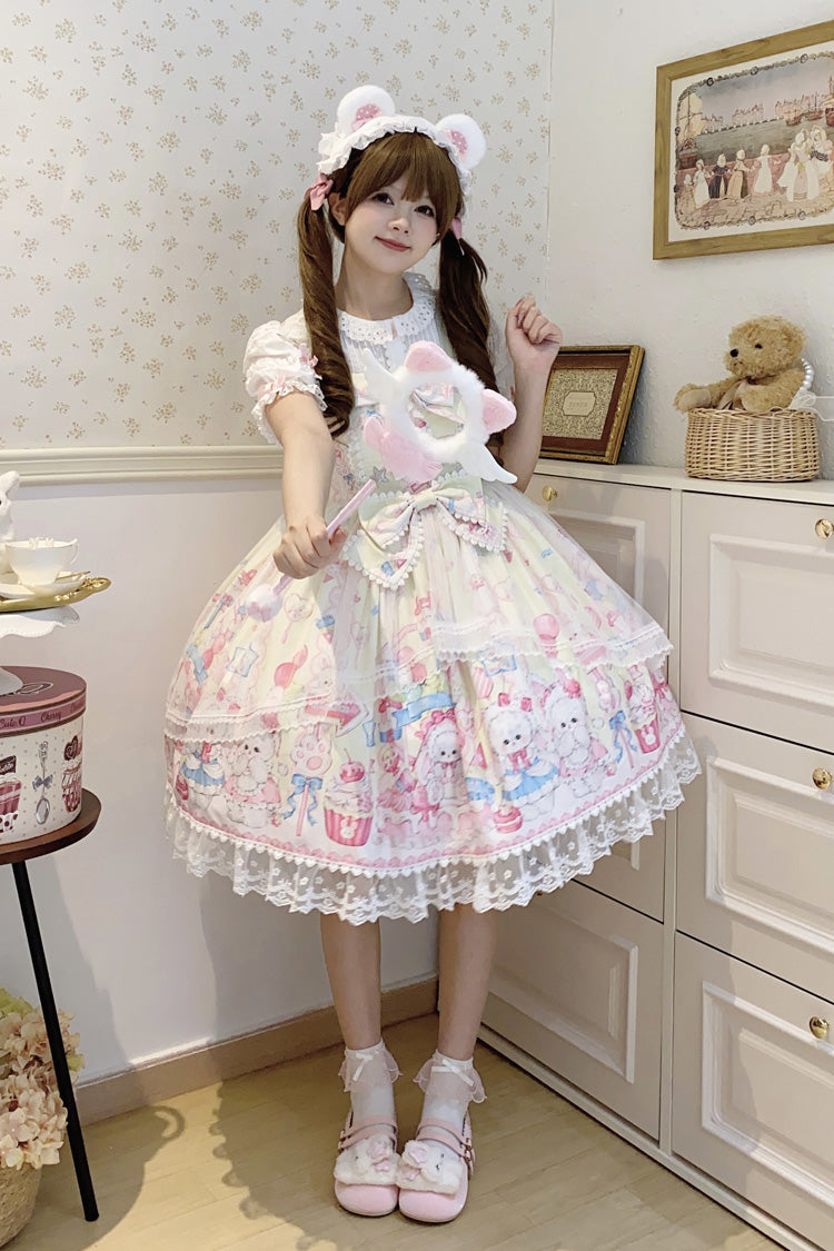 Robe Jsk Lolita Douce en Dentelle à Nœud Papillon à Volants Imprimée Jaune [Adorable Lapin Gâteau Sucré] 