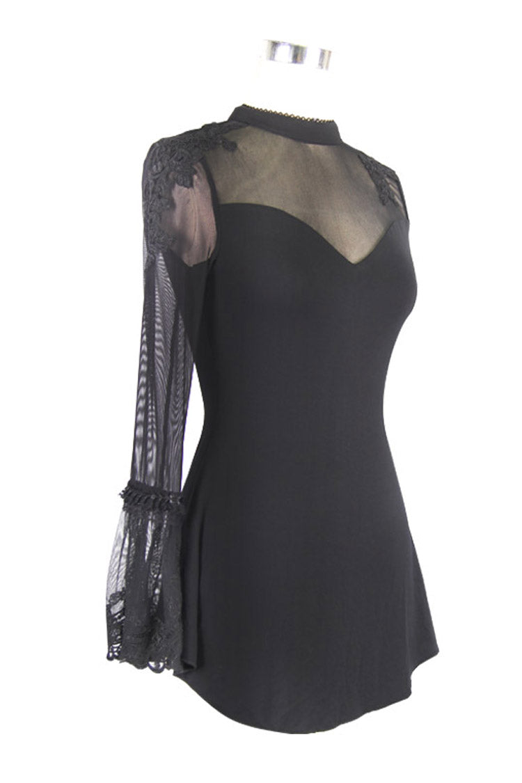 Schwarze Schulteraufkleber Federdekoration Einärmeliges Splice Mesh Damen Gothic Strick