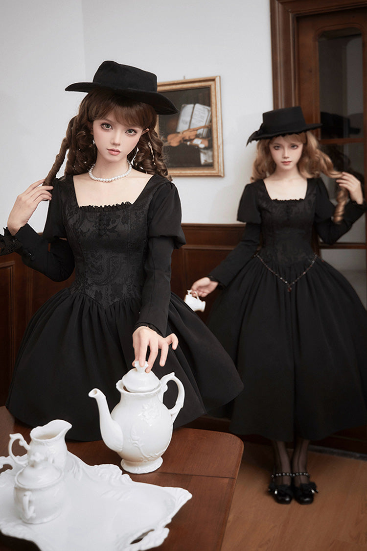 Black [Old Testament] Short Sleeves Ruffle Embroidery Bowknot Lace-Up Gothic Lolita Dress 2 Versions