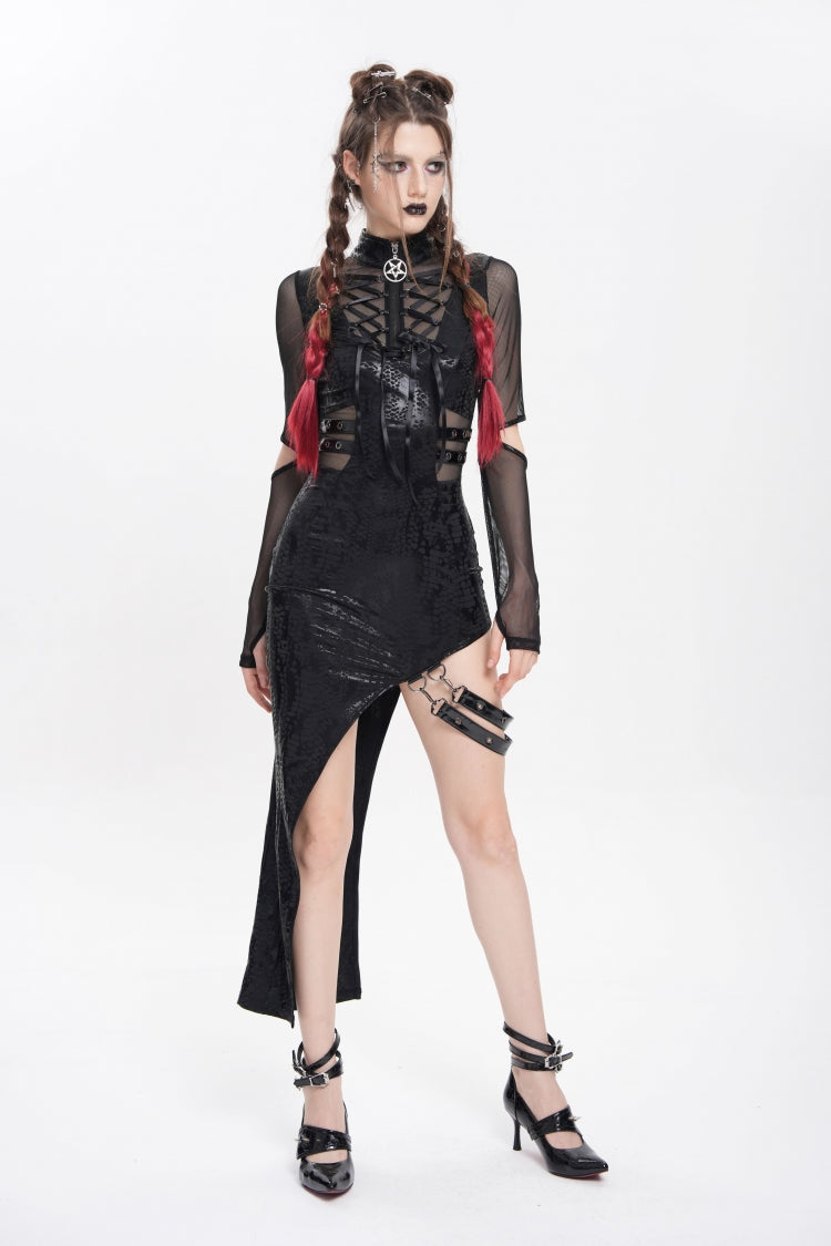 Black Stand Collar Long Sleeves Stitching Lace-Up Mesh Women's Punk Dress with Detachable Strap