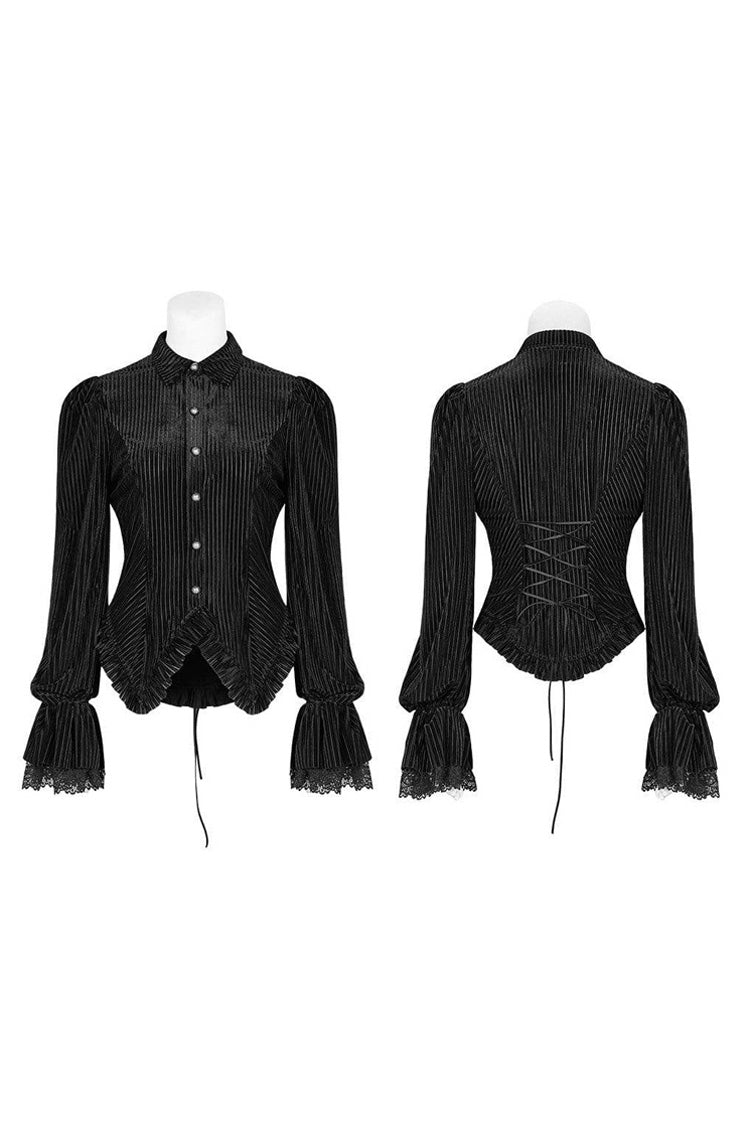Gestreifte Samt-Metall-Retro-Knopf-Spitze-Manschette hinten Taille Schnürung Damen Gothic Bluse
