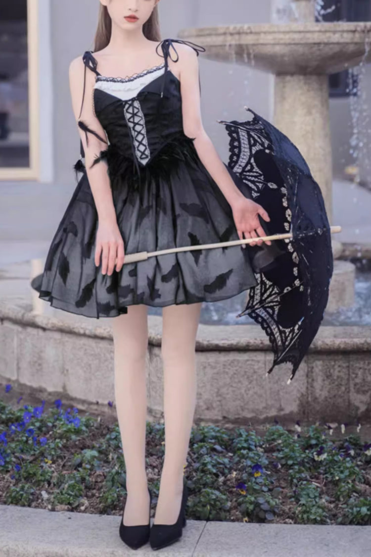 Silent Melody Elegant Black Swan Ballet Feather Print Gothic Lolita Jsk Dress