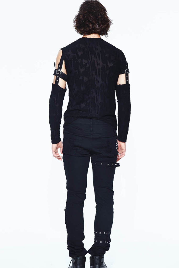 Black Leather Loop Sleeve Irregular Jacquard Knitted Chest Lace Up Removable Men's Punk Shirt