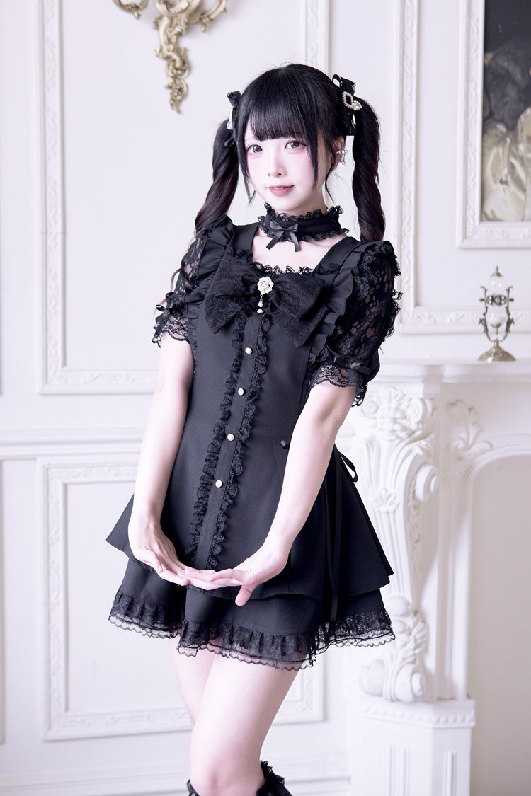 Black [Waltz] Short Sleeves Ruffle Bowknot Gothic Jirai Kei Japanese Dress Set