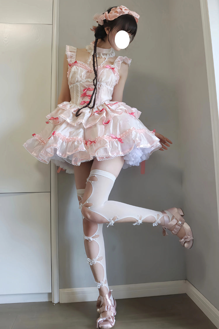 White/Pink Multi-layer Ruffle Ballet Bowknot Sweet Lolita Jsk Dress