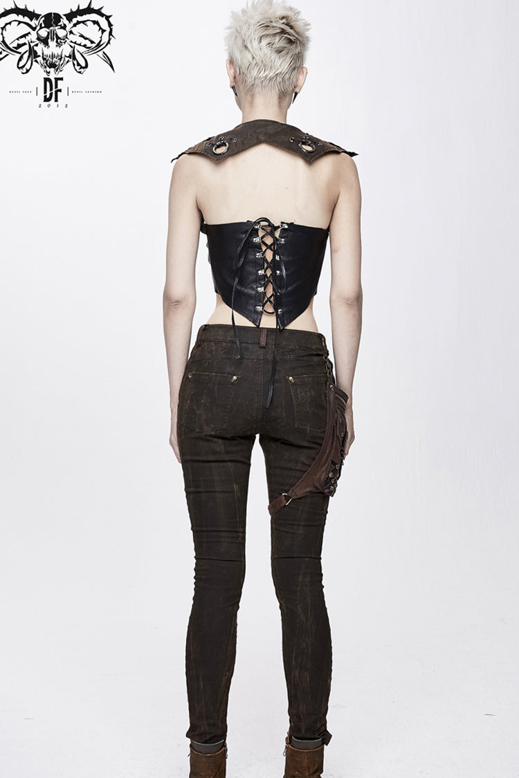 Brown Back Lace Up Raglan Sleeve Chest Hollow Loop Women's Punk Corset