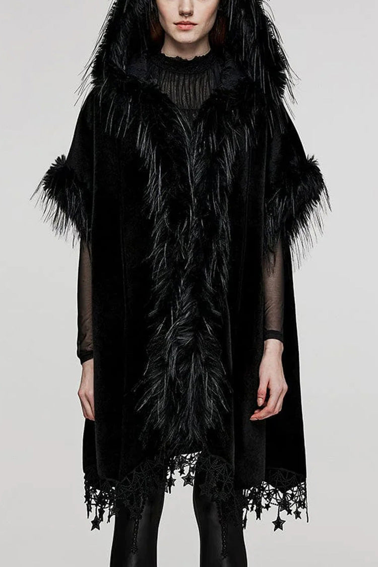 Black Bat Sleeves Tassel Faux Fur Stitching Lace Hooded Womens Gothic Elegant Cloak