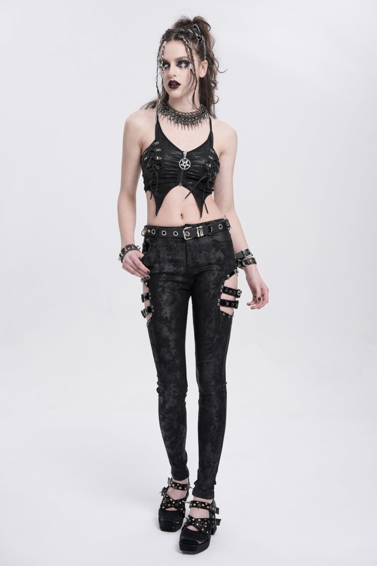 Black Print Cutout Buckle Women's Gothic Pants
