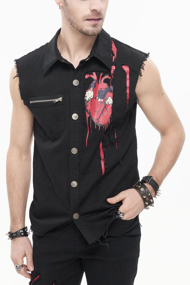 Black Punk Simple Everyday Stand Collar Print Sleeveless Men's Shirt