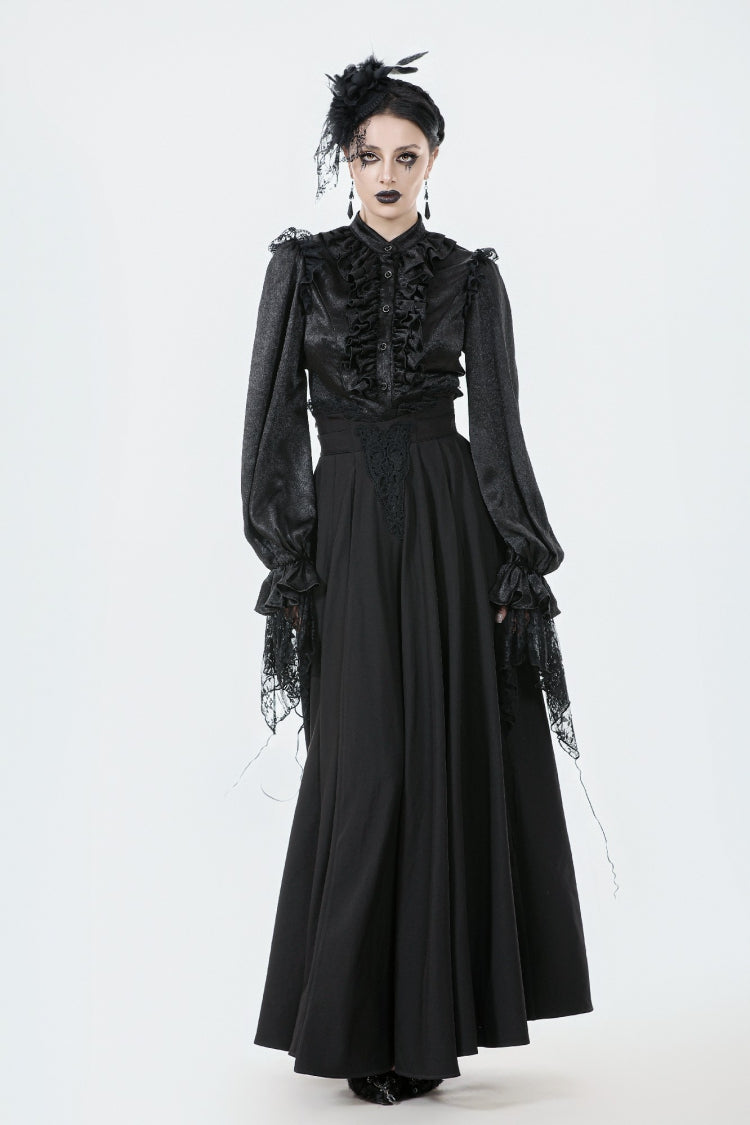 Schwarzer, bestickter, plissierter Damen-Gothic-Maxirock mit Spitzenbesatz