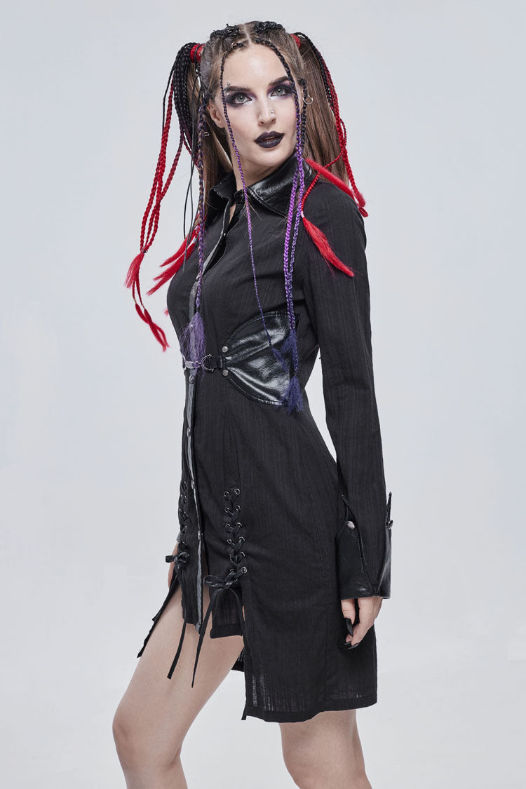 Black Vertical Suture Texture Leather Metal Buckle Design Decoration Long Women's Punk Shirt
