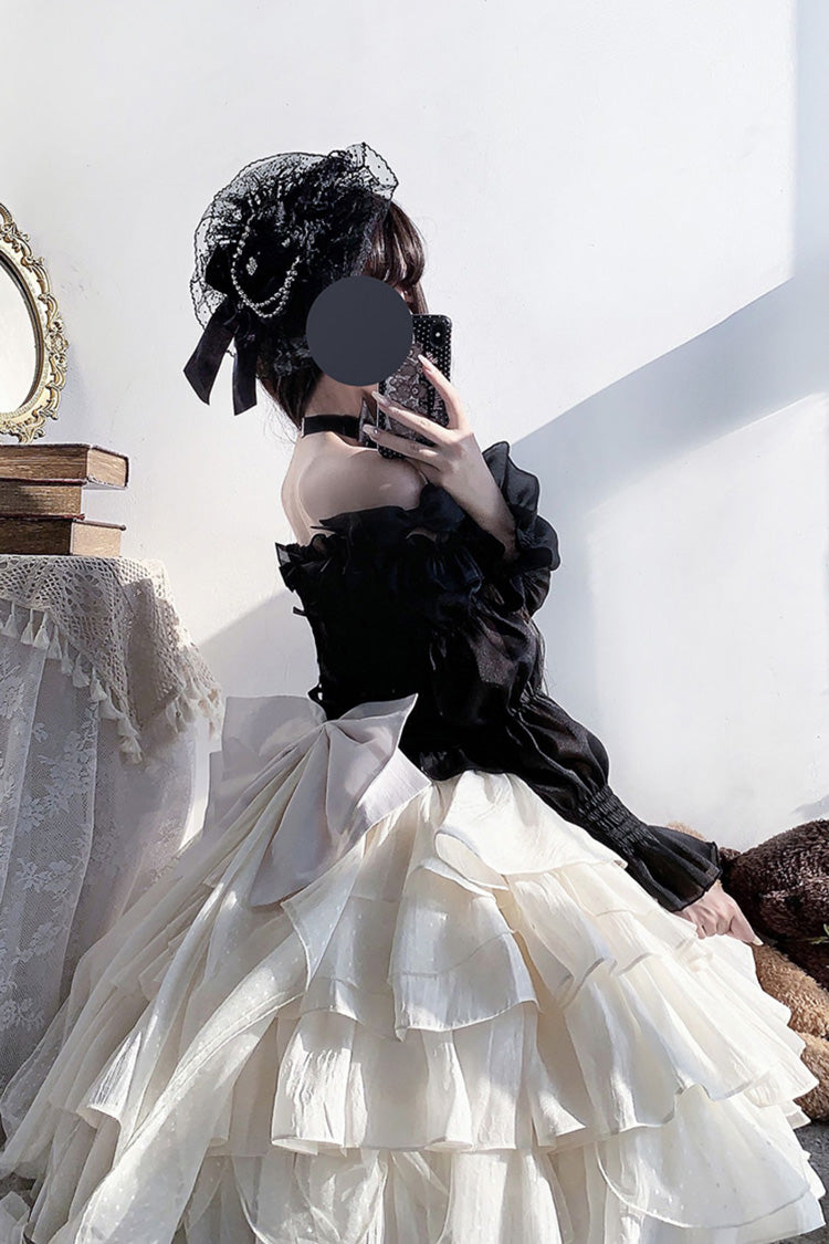 Black Top and Apricot Bowknot Sweet Princess Lolita Layered Skirt Dress