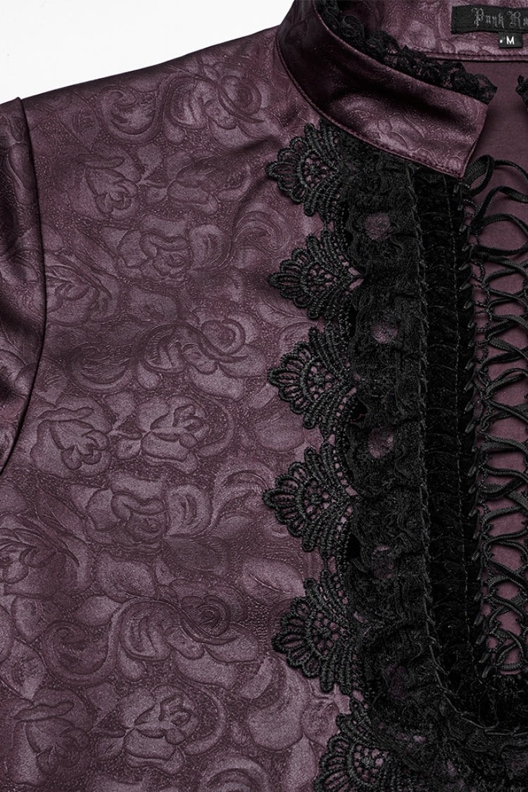 Red Stand Collar Long Sleeves Ruffle Embroidery Lace-Up Plunging Rose Men's Gothic Blouse
