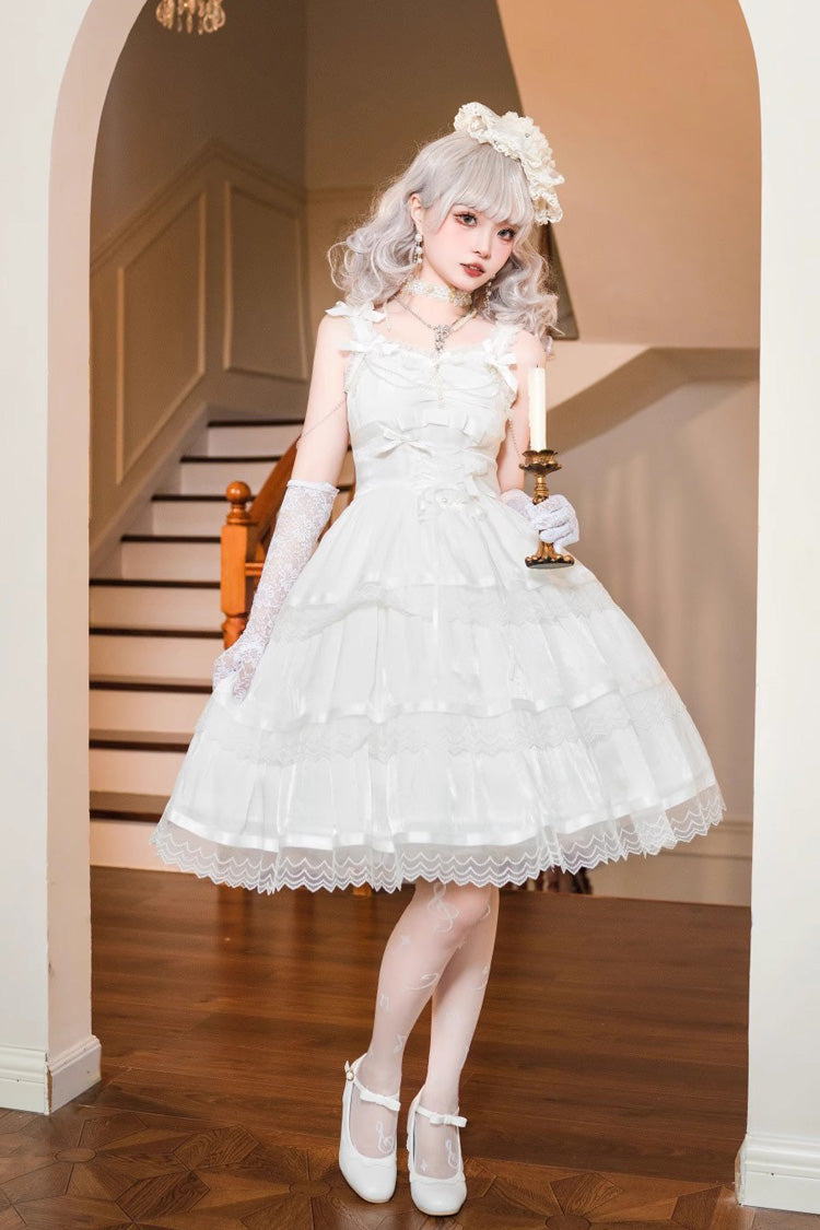 White Sleeveless Multi-layer Ruffle Bowknot Sweet Princess Lolita Jsk Dress