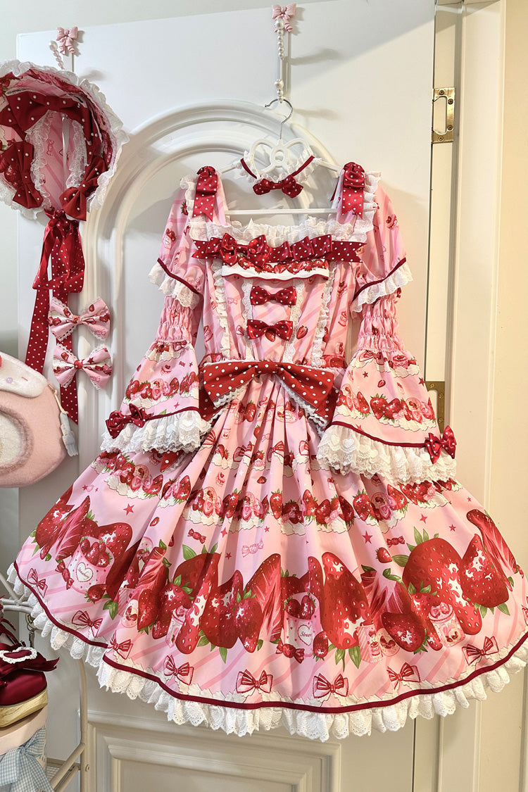 Pink [Strawberry Gift Box] Short Sleeves Print Ruffle Bowknot Lace Sweet Lolita Dress