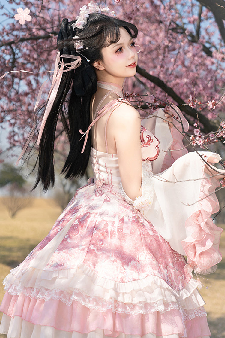 Pink [Flower Feast] Multi-Layered Print Ruffle Bowknot Sweet Chinese Style Lolita Jsk Dress