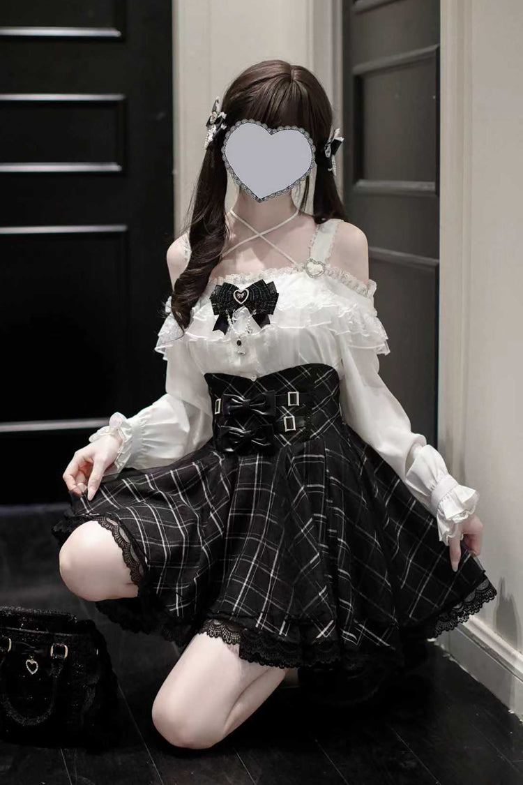 Black Plaid Print Bowknot Sweet Jirai Kei Japanese Skirt