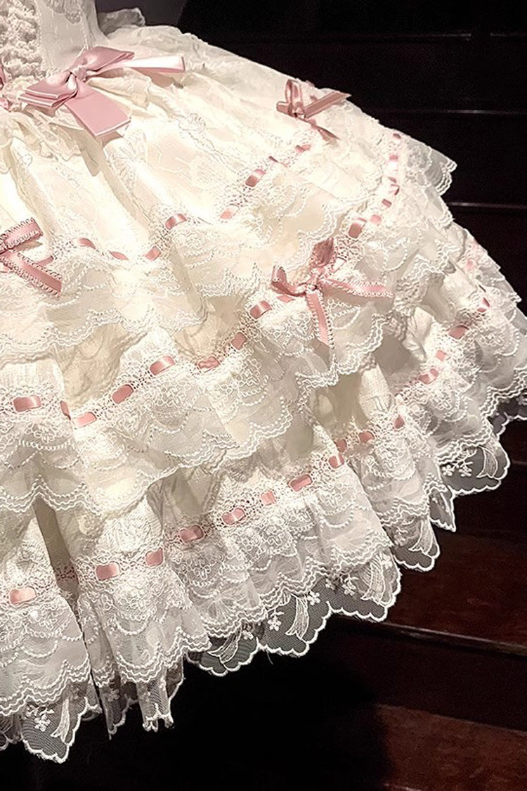 Abricot [Papillon de l'île Flora] Robe Lolita Jsk élégante et douce sans manches avec volants, nœud et laçage en dentelle 