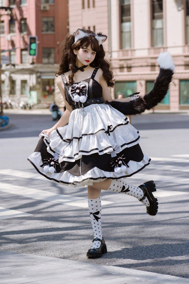 Black/White [Cat Fist] Triple-Layered Ruffle Bowknot Sweet Lolita Jsk Dress