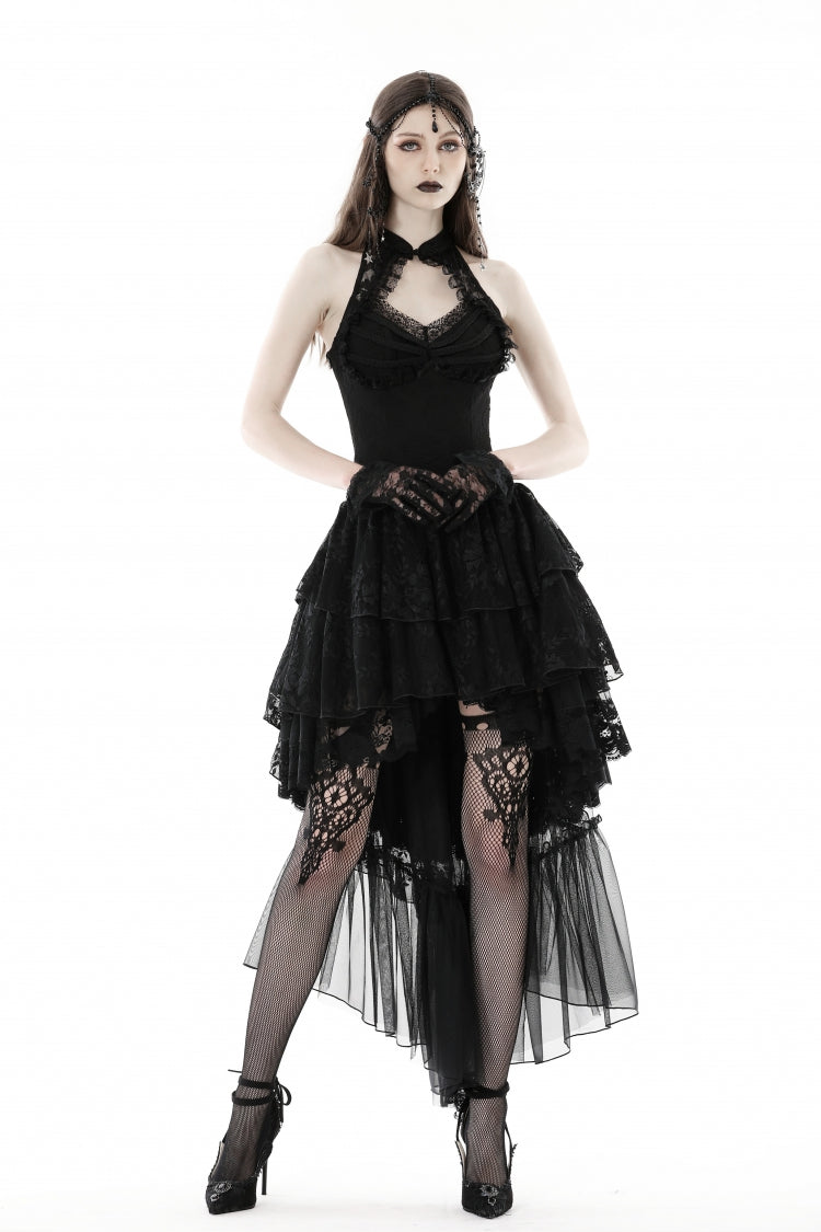 Robe gothique noire à épaules dénudées, col licou, sans manches, irrégulière, haute, basse, dentelle multicouche, pour femmes