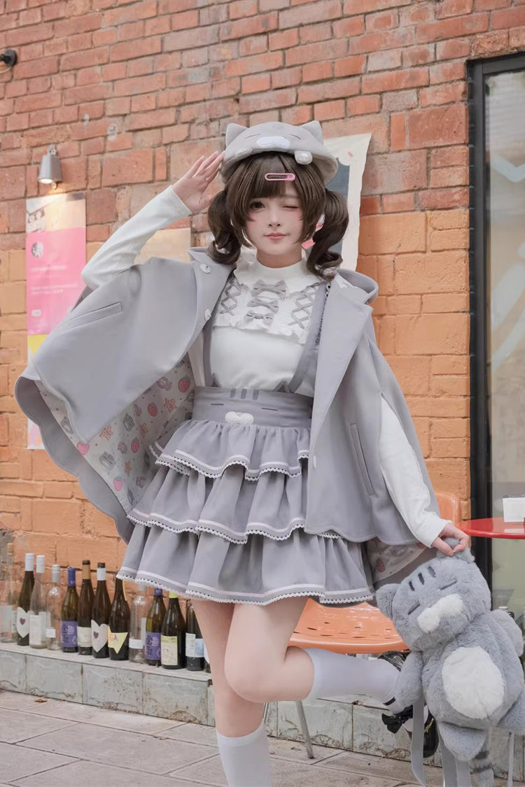グレー【Gloomy Catシリーズ】ノースリーブ三段フリルスイートサスペンダーケーキストラップドレス