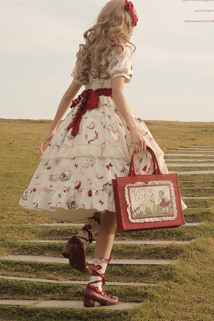 White Apple Tea Print Short Sleeves Country Style Ruffle Bowknot Sweet Lolita Dress
