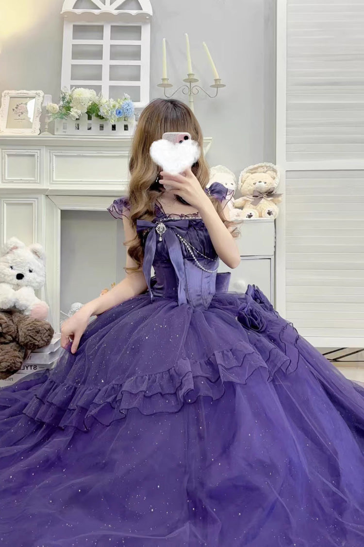 Purple [Bright Stars] Off Shoulder Ruffle Bowknot Asymmetric Sweet Elegant Princess Lolita Dress