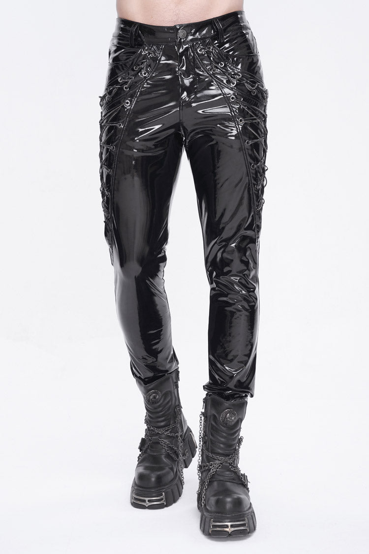 Black Lace Up Patent Leather Men's Punk Pants