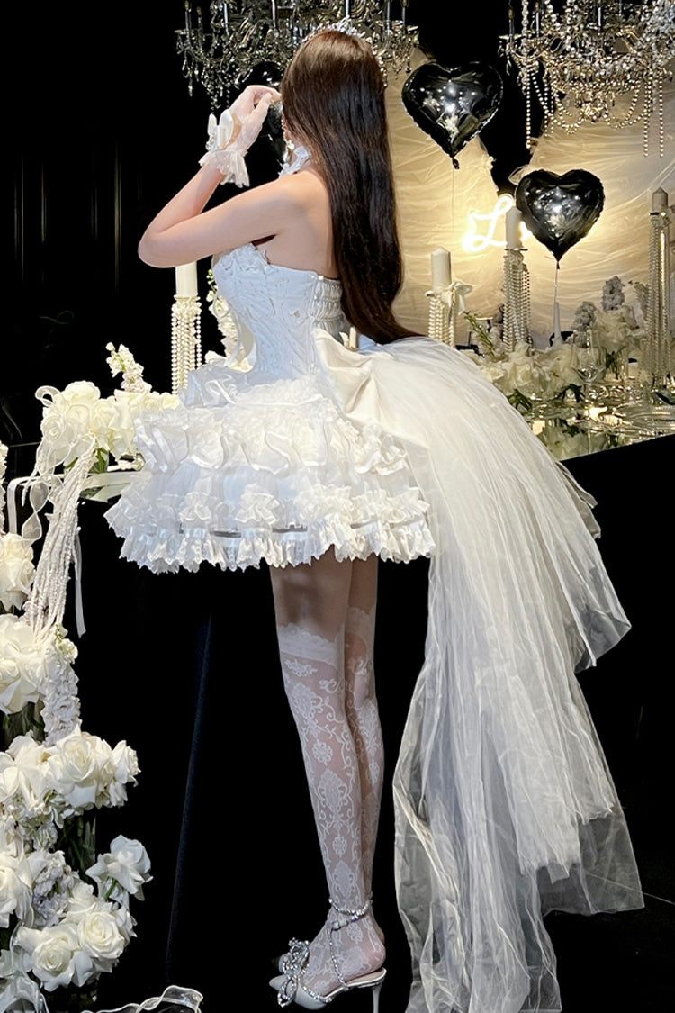 Robe Jsk Lolita Princesse Douce en Dentelle avec Nœud Papillon Hanayome à Volants et Col Halterneck Blanc [Love God Bride] 