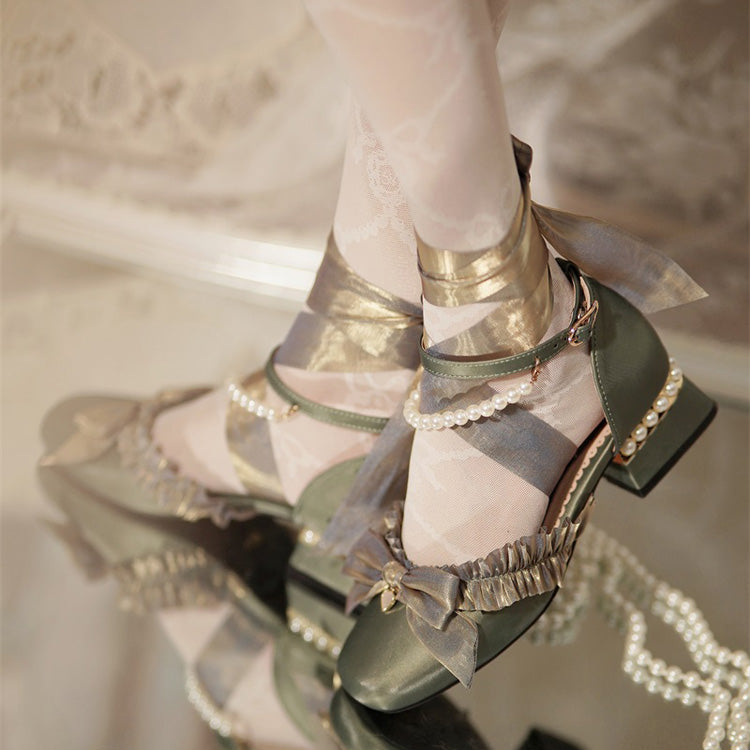 Romance Bowknot Lace Pearl Sweet Elegant Lolita Shoes 4 Colors
