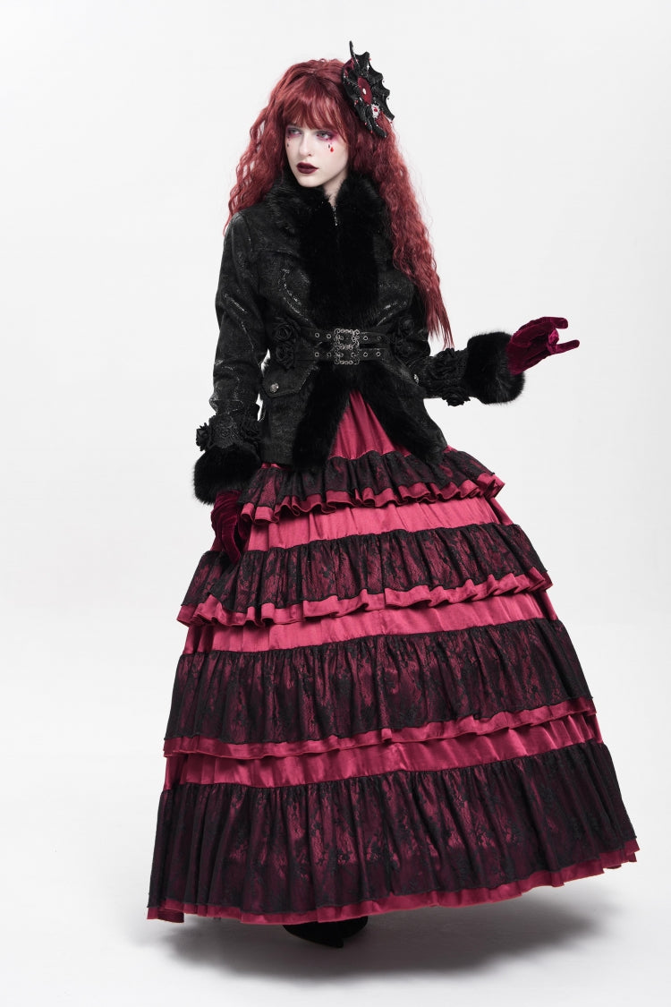 Black Long Sleeves Rose Floral Embroidery Buckle Straps Women's Gothic Coat
