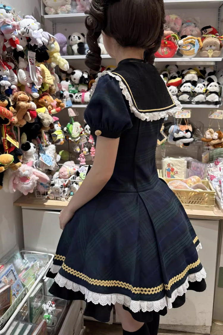 Blue [Dalmatian] Short Sleeves Print Ruffle Bowknot Slim Sweet Lolita Dress