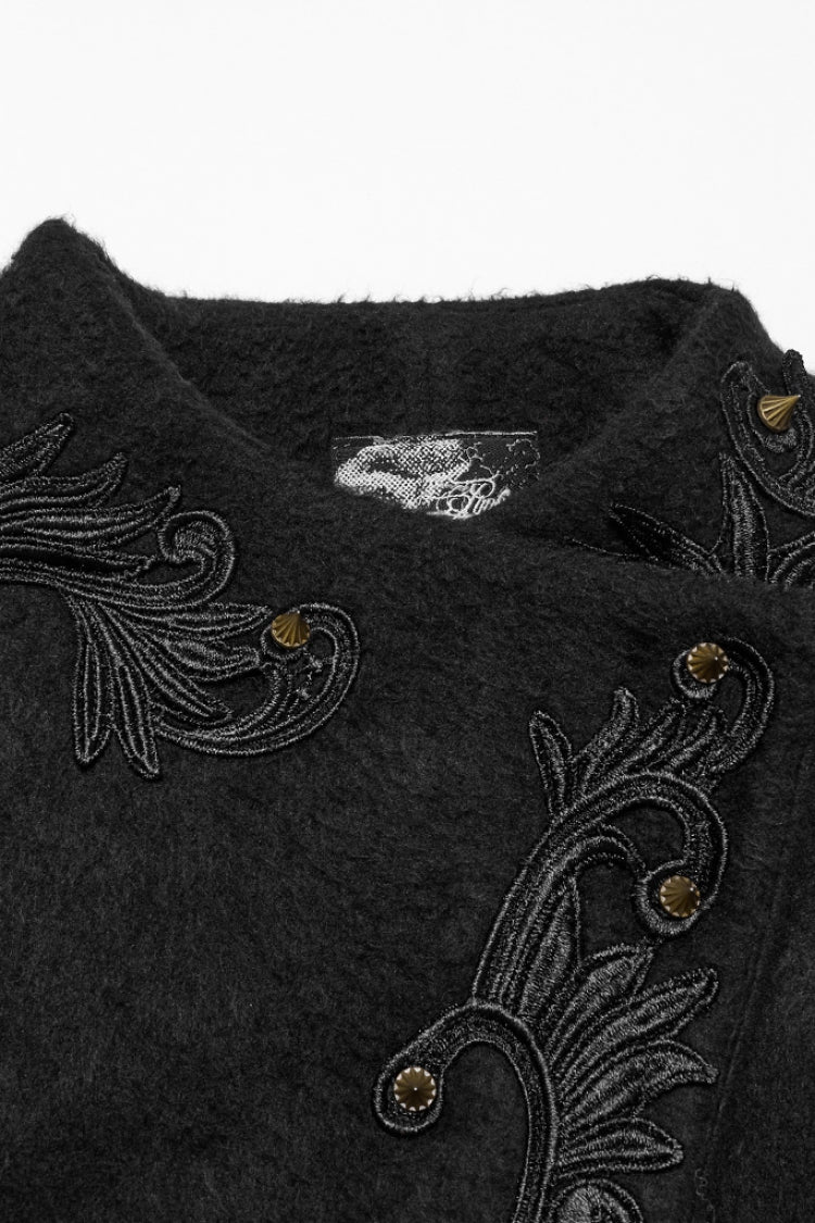 Black Long Sleeves Studded Floral Embroidery Faux Fur Stitching Women's Gothic Coat