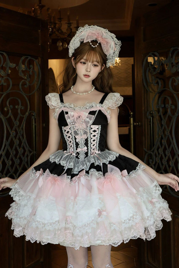 Schwarz/Rosa [Rosa Schattenschleier] Süßes Lolita JSK-Kleid mit quadratischem Kragen, Flatterärmeln, mehrlagiger Schleife und Spitze