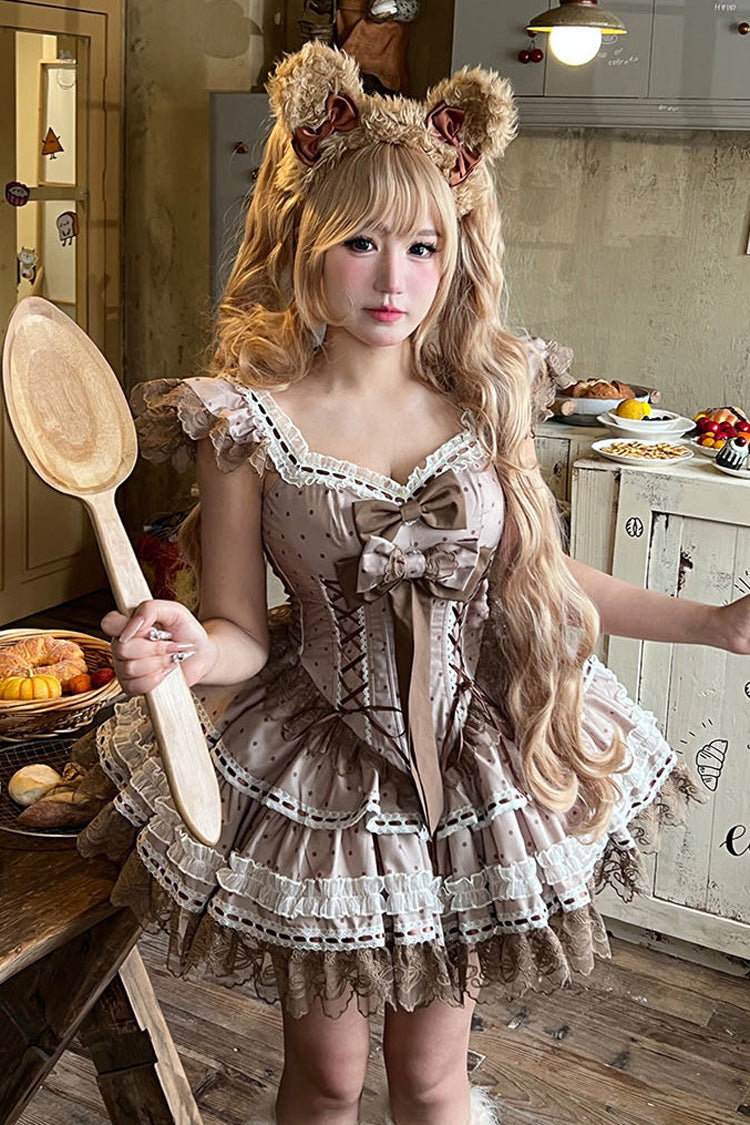 ブラウン【ココバレエ】ノースリーブ2重リボンレース編み上げスウィートプリンセスバレエロリータJSKドレス