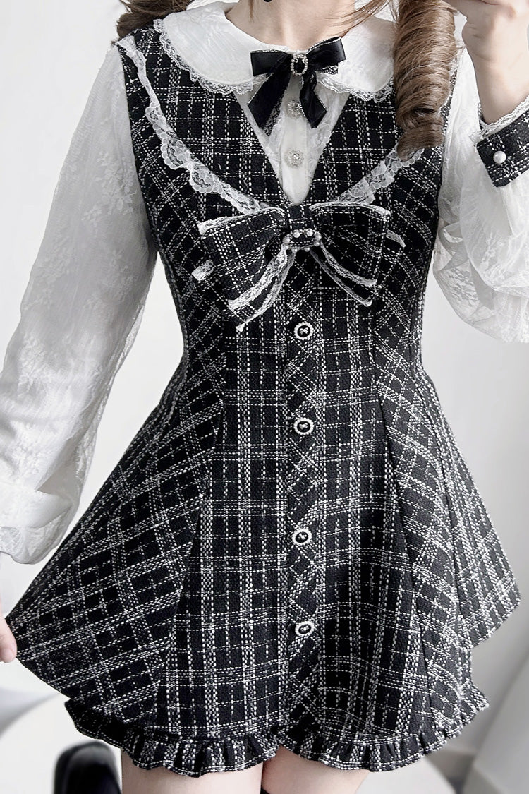 Schwarz/Weiß [Love Sonata] Langarm Rüsche Schleifenknoten Spitze Jirai Kei Japanisches Kleid Set 