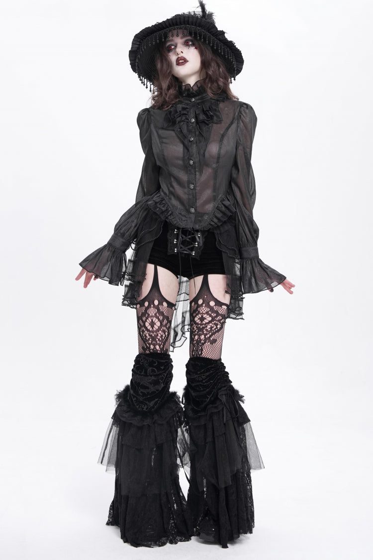 Black Stand Collar Ruffle Sheer Women's Swallow-tailed Gothic Blouse
