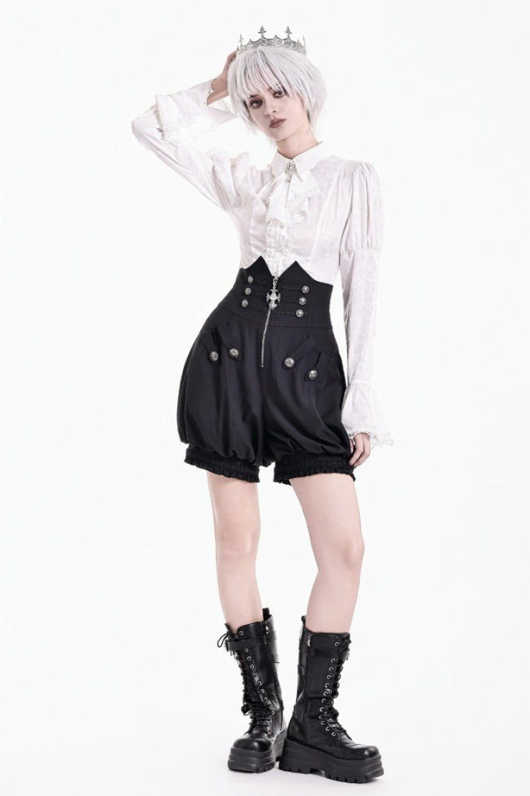 Schwarze Damen-Gothic-Shorts mit hohem Bund und Kreuzreißverschluss vorne, mit gravierten Knöpfen und Dekor, Kürbis-Shorts