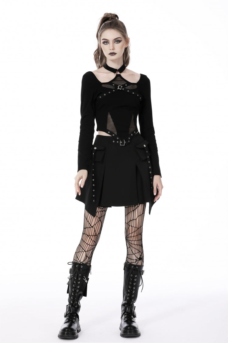 Schwarzes Neckholder-Langarm-Punk-Crop-Top mit Ösen und Mesh-Spleiß für Damen