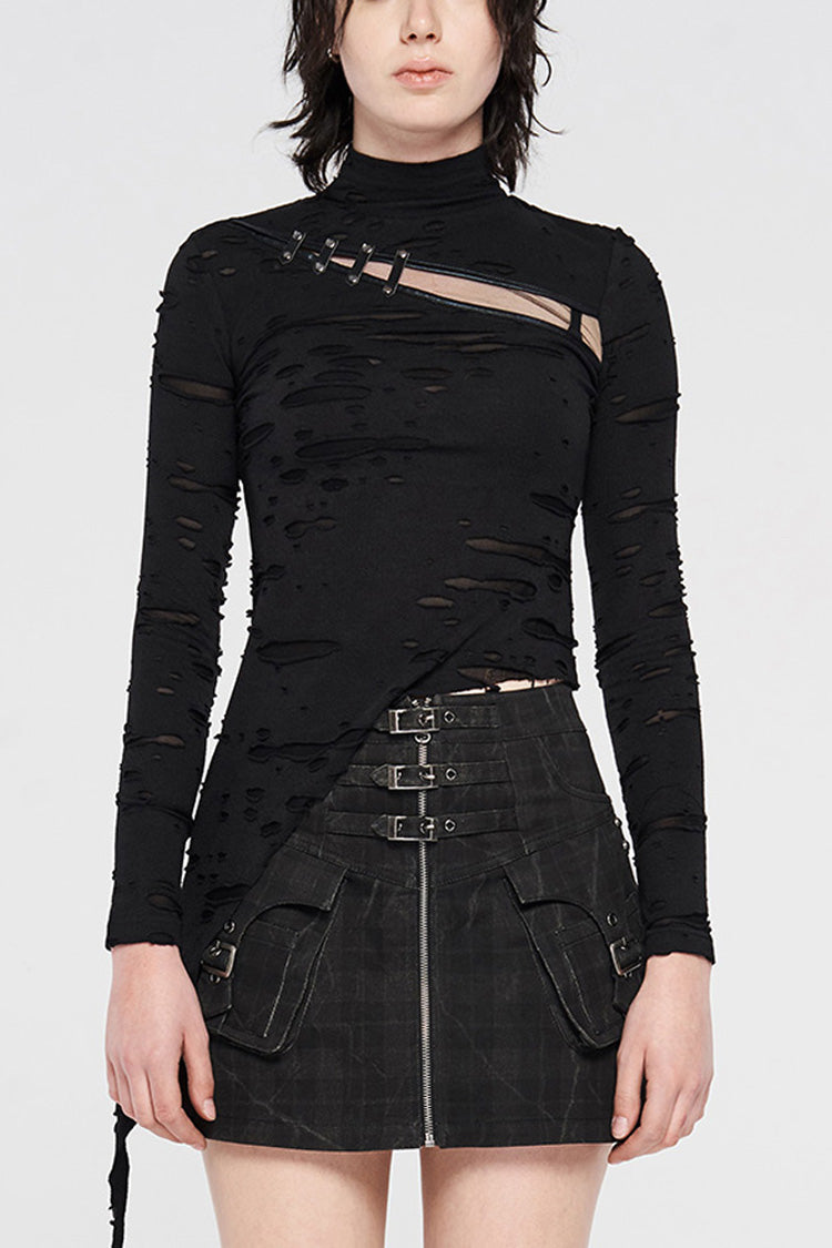 Schwarzes Punk-T-Shirt für Damen mit langen Ärmeln, hohem Kragen, ausgehöhltem Riemen vor der Brust, unregelmäßigem Saum, gebrochenen Löchern und gespleißtem Netzstoff