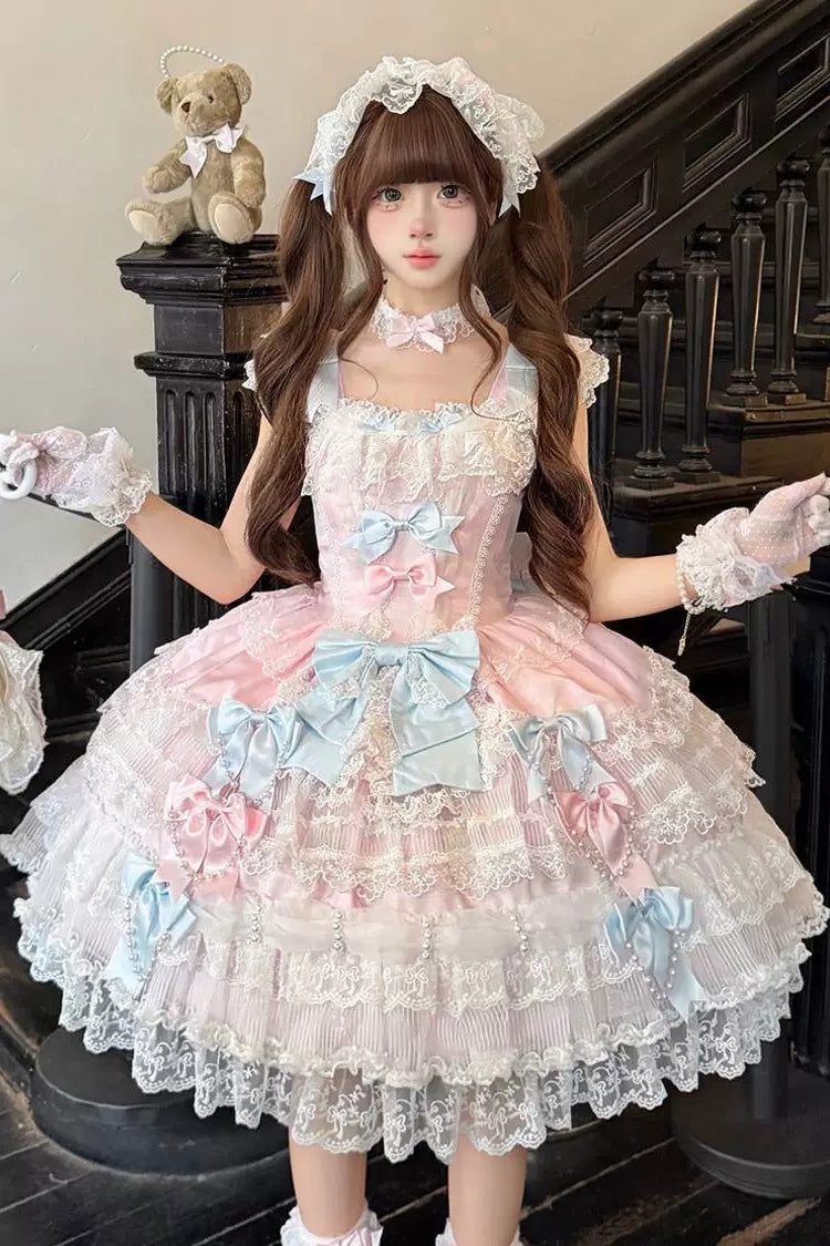 Rosa [Misty Starlight] Süßes Lolita JSK-Kleid mit quadratischem Kragen, flatternden Ärmeln, mehrlagigem Jacquard, Hochzeitsstil, Schleife und Spitze