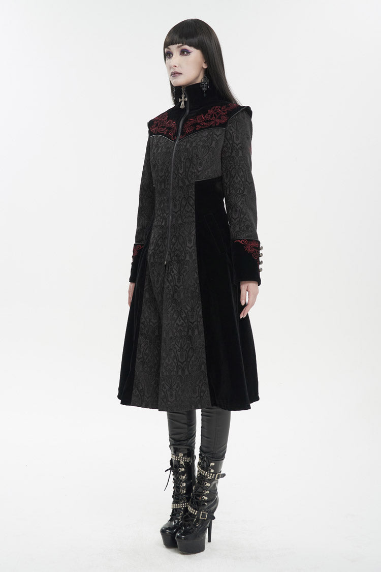 Black Jacquard Studded Mushroom Buckle Metal Cross Embroidered Women's Gothic Coat