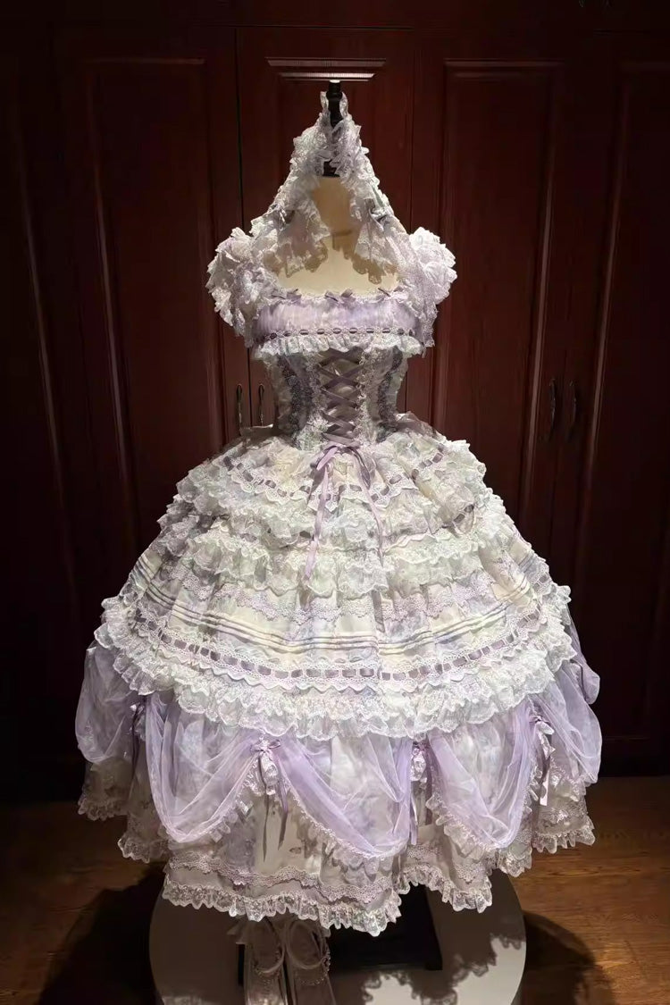 パープル【藤】ノースリーブ多層花嫁リボンレース編み上げスイートゴージャスロリータJSKドレスセット